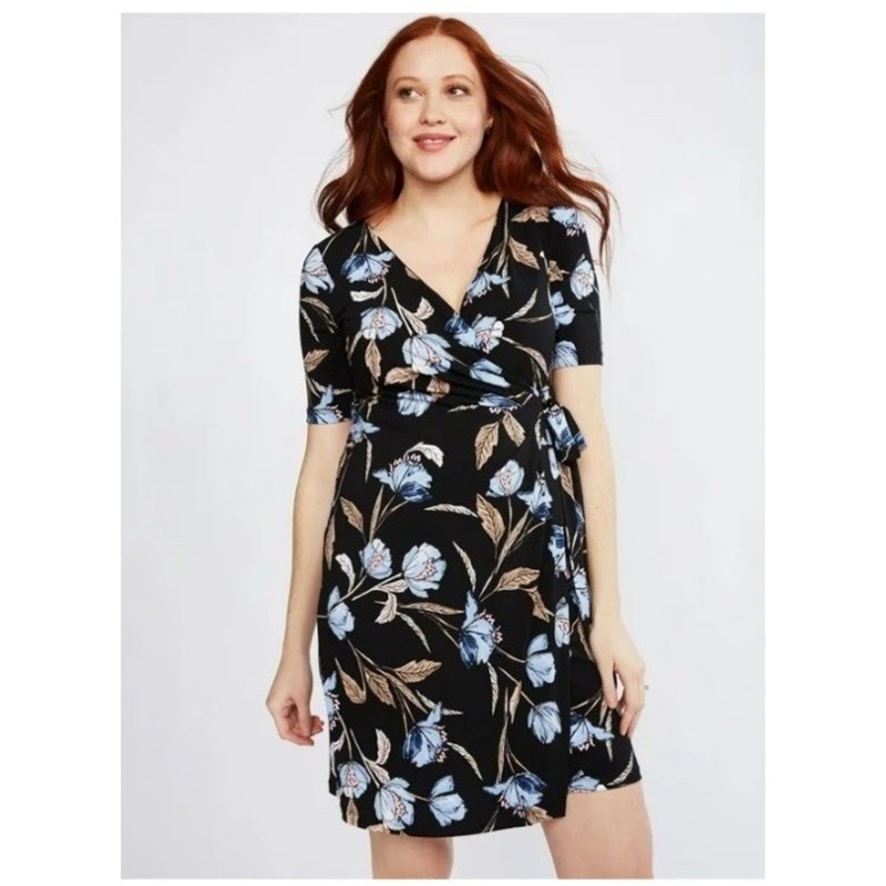 Motherhood Maternity Dress‎ Medium Size Black Blue Floral Short Sleeve Wrap NWOT